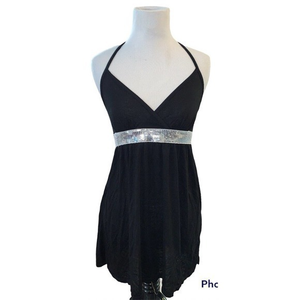 Vntage Y2K One Heart Black Dress Sequin Waist Halter‎ Tie Neck Sz Small NWT!